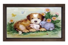 Sevimli Köpek Ve Tavşancıklar Tablosu Kahverengi Ahşap Çerçeve - 40x60