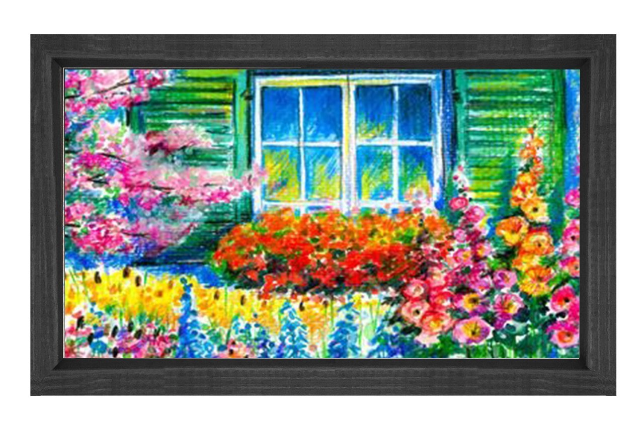 Pencere Ve Çiçekli Bahçe Tablosu Siyah Ahşap - 45x30