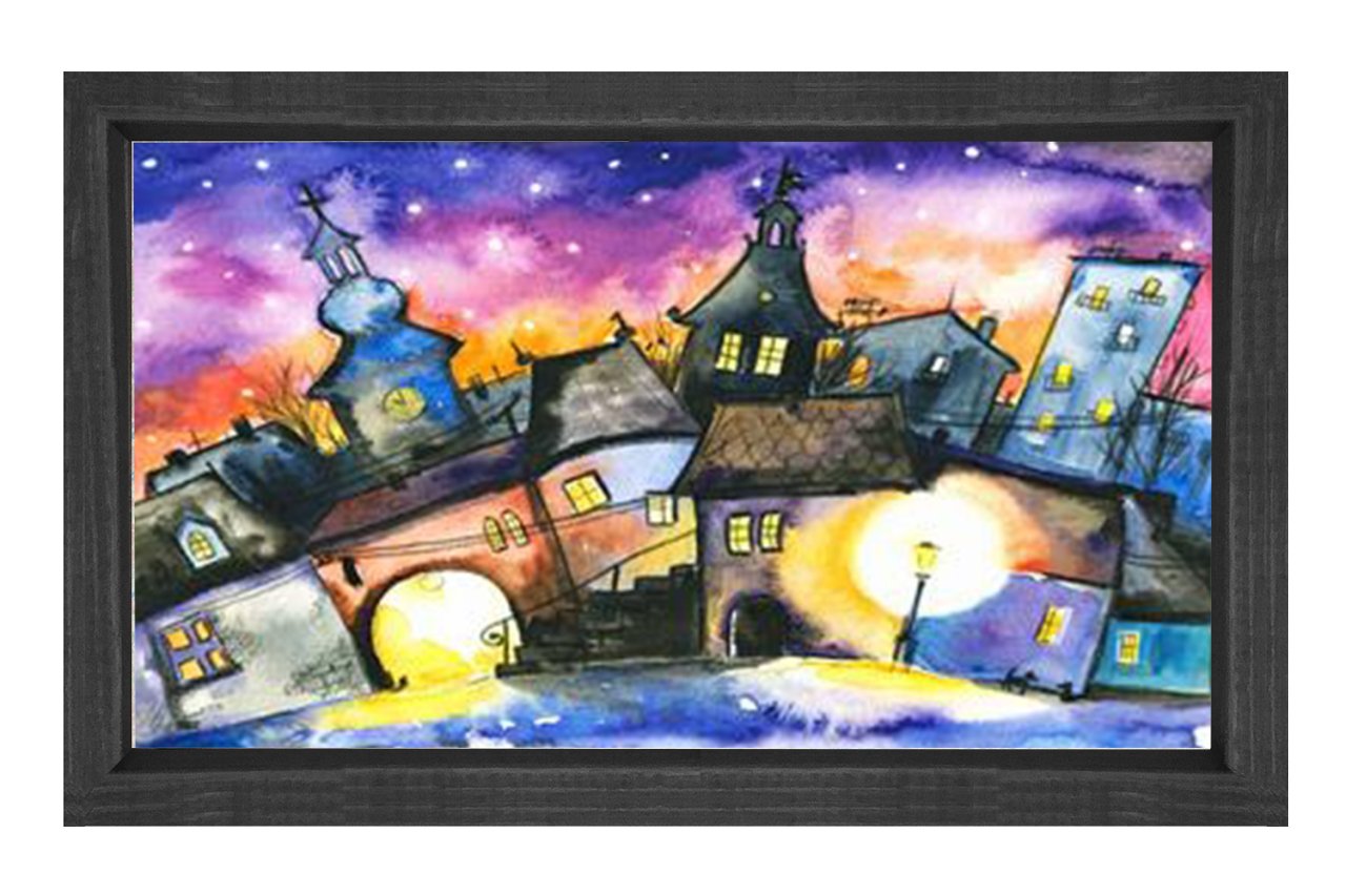 Gece Şehiri Sanat Tablosu Siyah Ahşap Çerçeve - 45x30