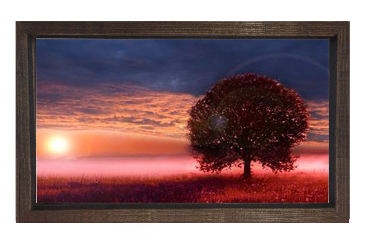 Kırmızı Çiçekler Ağaç Günbatımı Tablosu Kahverengi Ahşap - 70x100