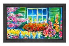Pencere Ve Çiçekli Bahçe Tablosu Siyah Ahşap - 50x90