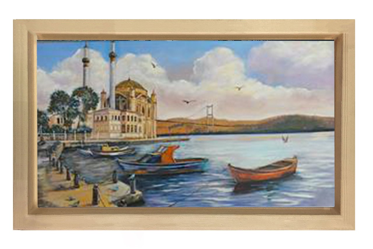Ortaköy Camii Yağlıboya Tablosu Naturel Ahşap Çerçeve - 45x30