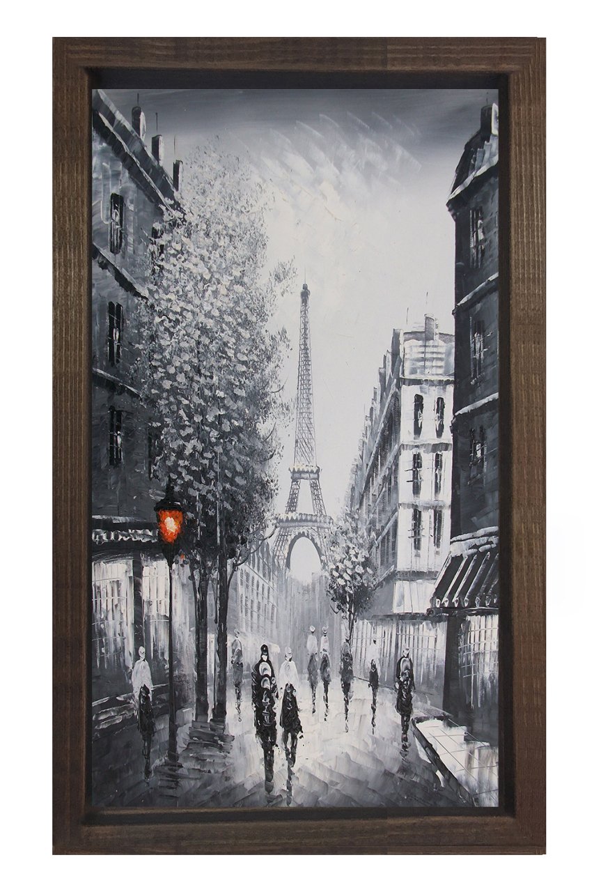 Eiffel Kulesi Siyah-Beyaz Tablosu Kahverengi Ahşap Çerçeve - 50x90