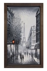 Eiffel Kulesi Siyah-Beyaz Tablosu Kahverengi Ahşap Çerçeve - 50x90