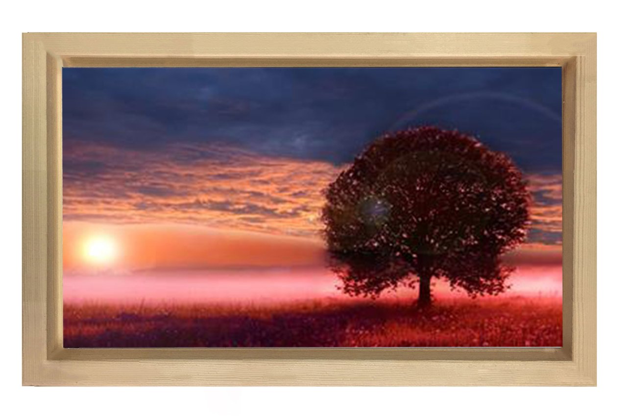 Kırmızı Çiçekler Ağaç Günbatımı Tablosu Naturel Ahşap - 45x30
