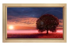 Kırmızı Çiçekler Ağaç Günbatımı Tablosu Naturel Ahşap - 45x30