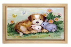 Sevimli Köpek Ve Tavşancıklar Tablosu Naturel Ahşap Çerçeve - 50x90