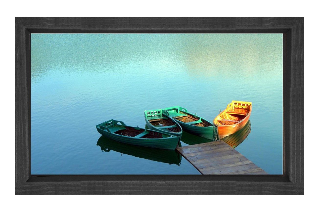 Kayıklı Berrak Göl Tablosu Siyah Ahşap - 70x100