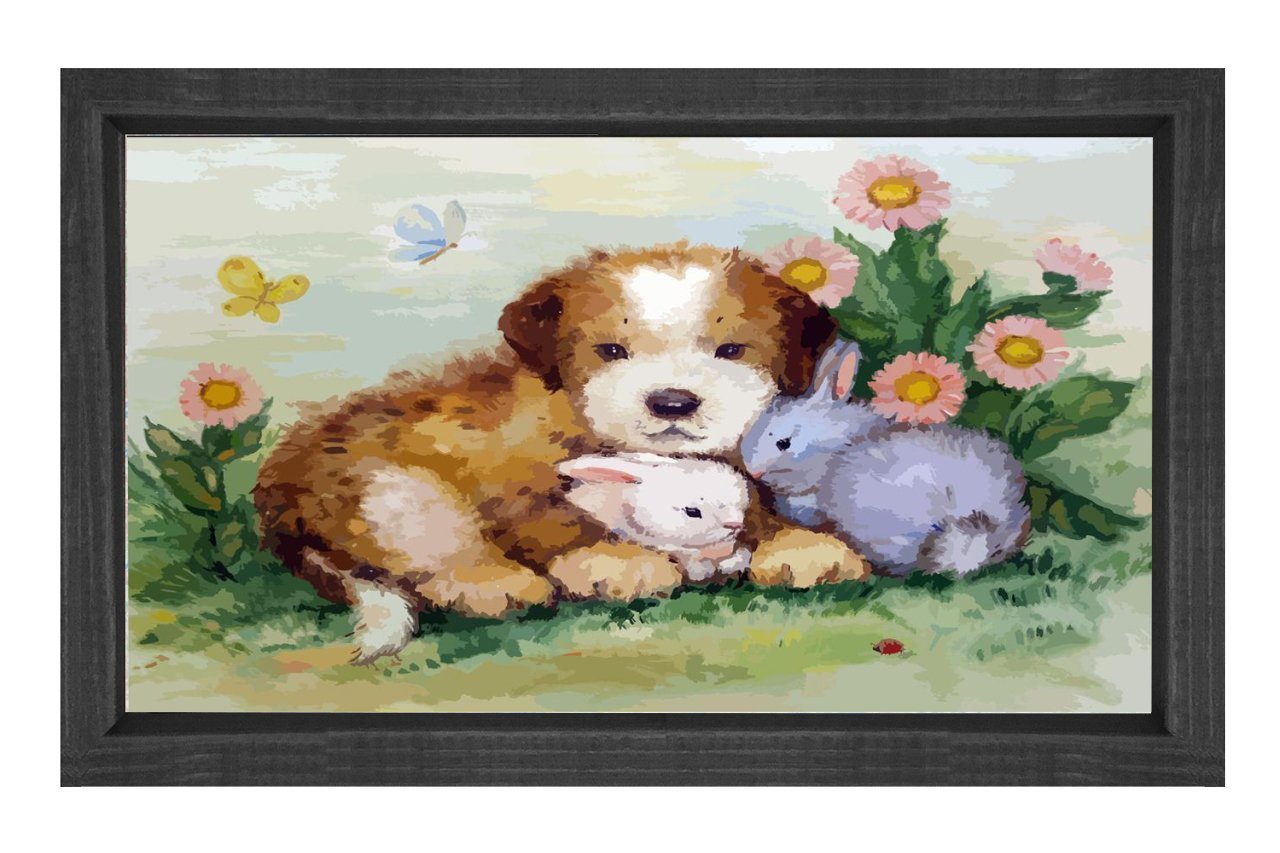 Sevimli Köpek Ve Tavşancıklar Tablosu Siyah Ahşap Çerçeve - 40x60