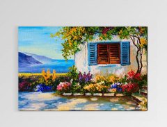 Çiçekli Ev Yağlıboya Tablosu Çerçevesiz - 70x100