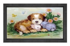 Sevimli Köpek Ve Tavşancıklar Tablosu Siyah Ahşap Çerçeve - 70x100