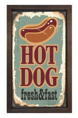 Hot Dog Reklam Afişi Tablosu Kahverengi Ahşap Çerçeve - 40x60
