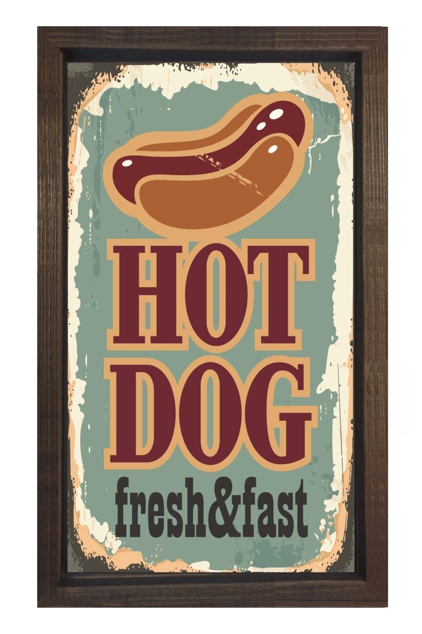 Hot Dog Reklam Afişi Tablosu Kahverengi Ahşap Çerçeve - 45x30
