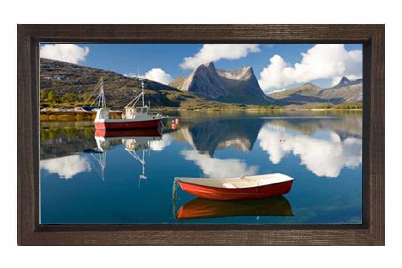 Kayık Gemi Ve Göl Tablosu Kahverengi Ahşap Çerçeve - 70x100