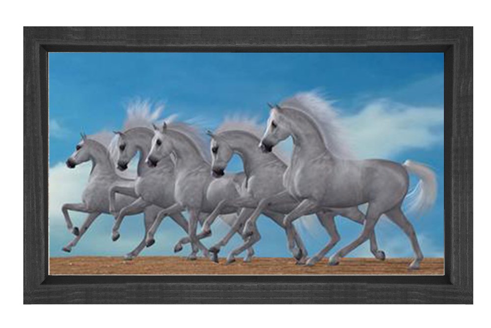 Beyaz Atlar Tablosu Tablosu Siyah Ahşap Çerçeve - 45x30