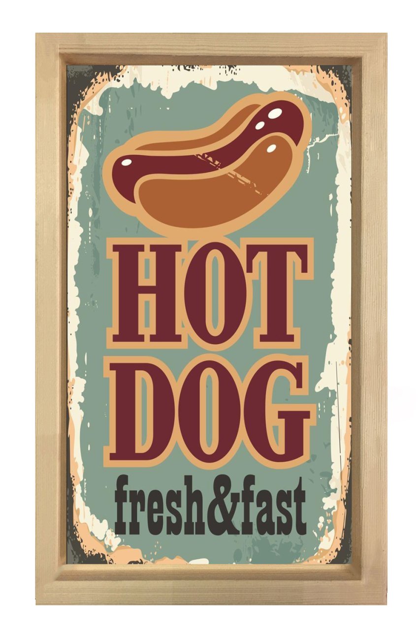 Hot Dog Reklam Afişi Tablosu Naturel Ahşap Çerçeve - 45x30