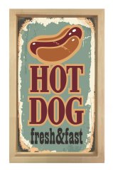 Hot Dog Reklam Afişi Tablosu Naturel Ahşap Çerçeve - 45x30