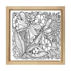 Kelebekler Ve Çiçekler Boyama Tablo Tablosu Naturel Ahşap Çerçeve - 100x100