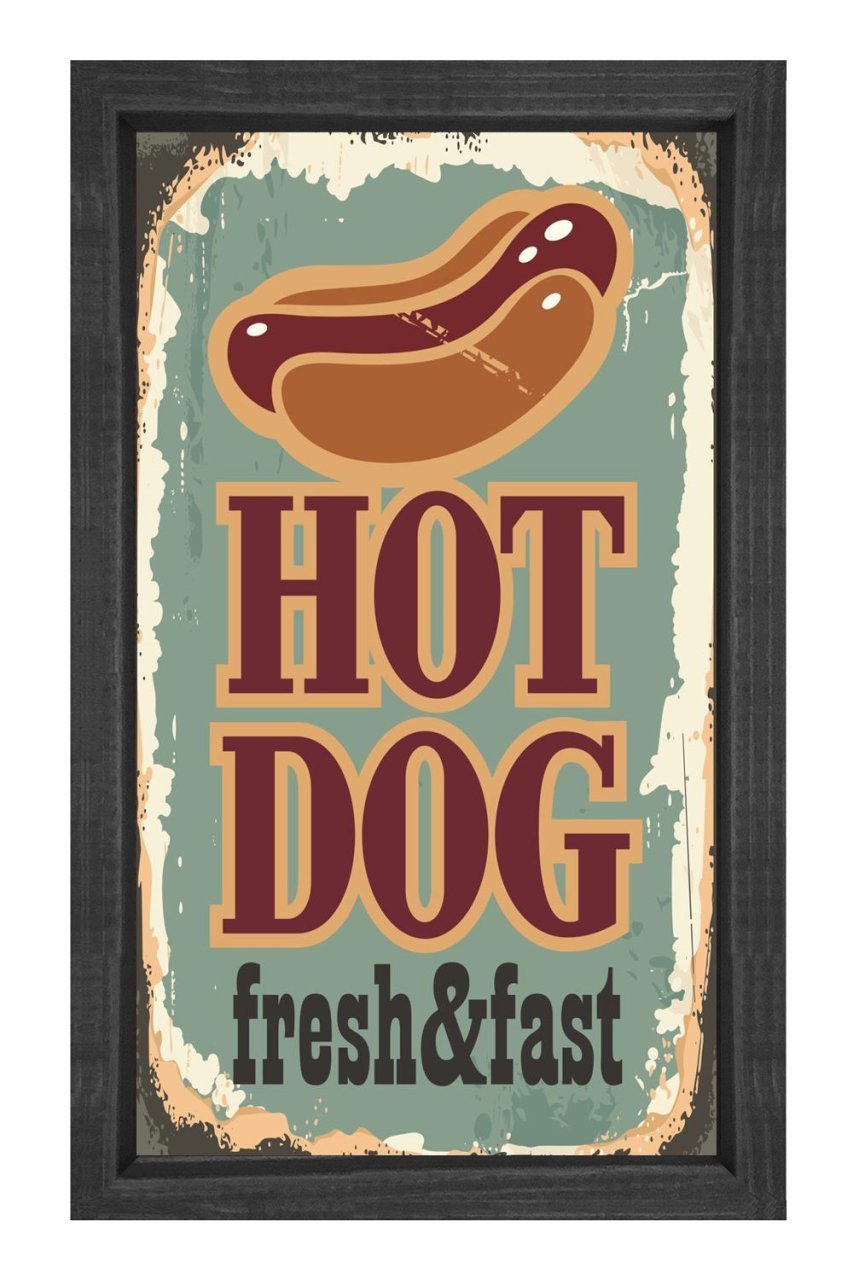 Hot Dog Reklam Afişi Tablosu Siyah Ahşap Çerçeve - 100x150
