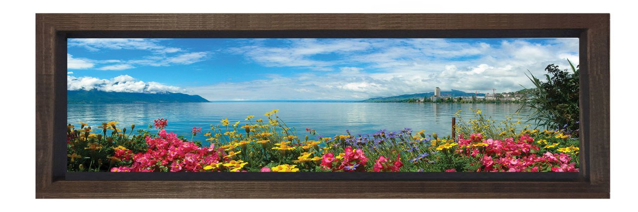 Çiçekli Göl Manzarası Tablosu Kahverengi Ahşap Çerçeve - 150x50