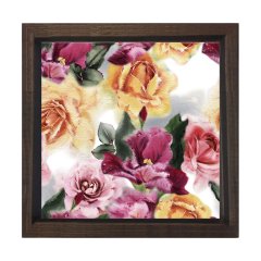 Renkli Güller Tablosu Kahverengi Ahşap Çerçeve - 50x50