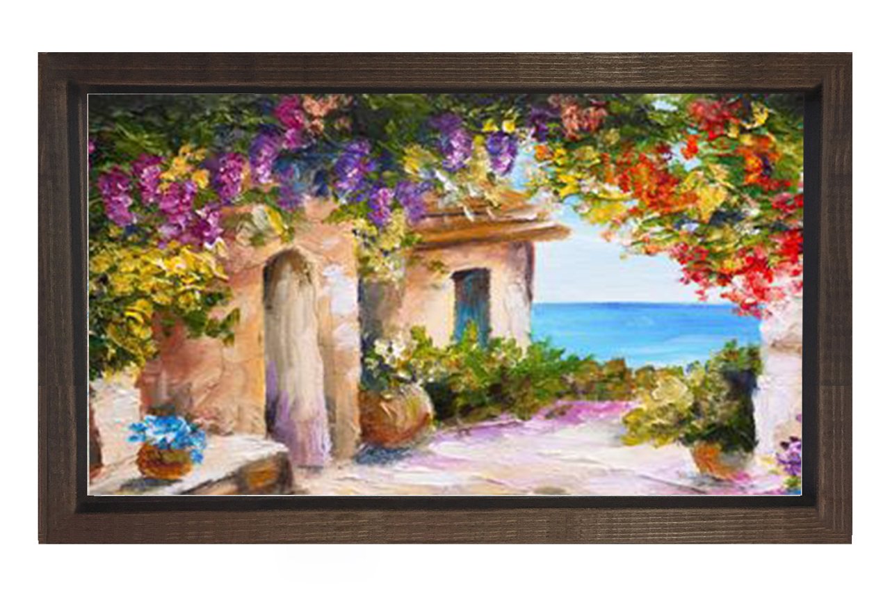 Yağlıboya Taş Ev ve Deniz Manzarası Tablosu Kahverengi Ahşap - 70x100