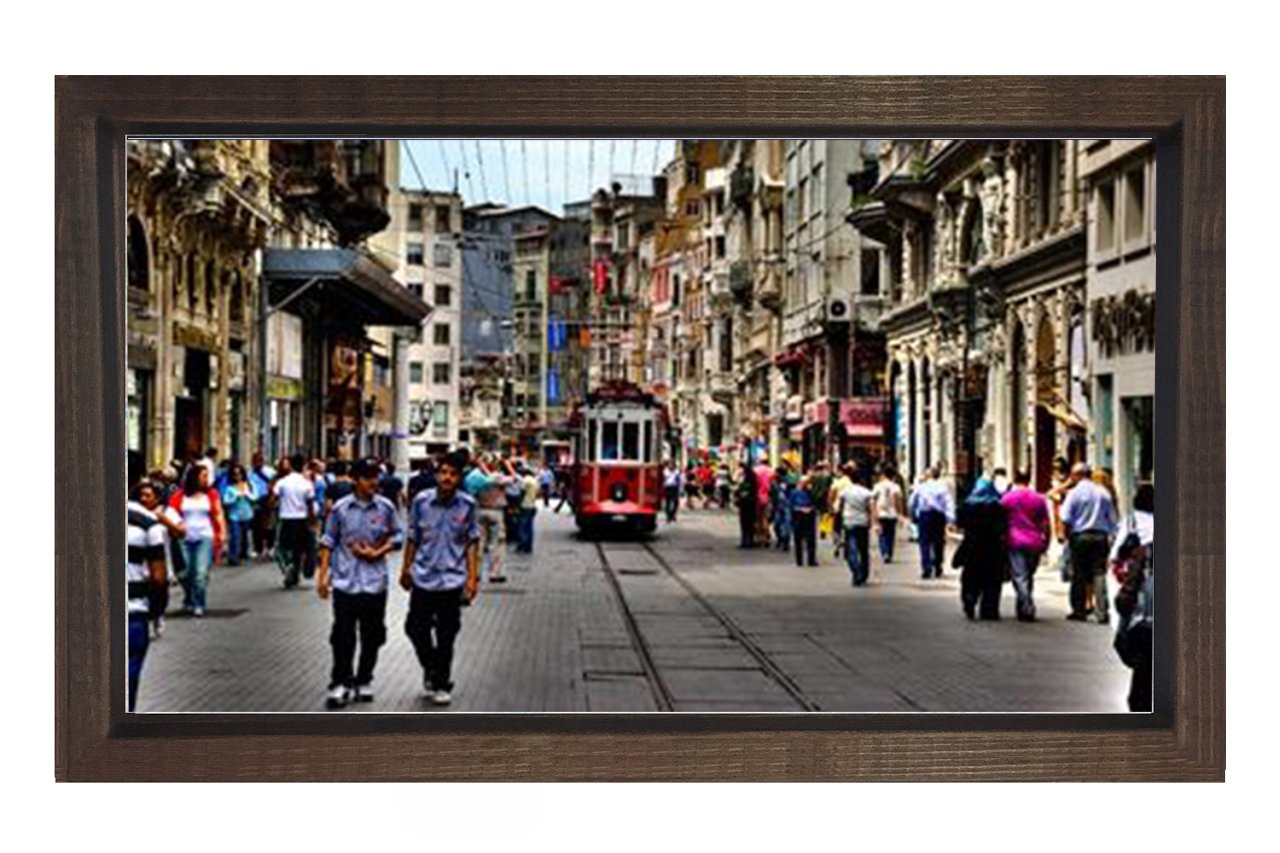 Kırmızı Tramvay ve Taksim Tablosu Kahverengi Ahşap Çerçeve - 45x30