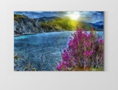Çiçekli Gece Göl Tablosu Çerçevesiz - 45x30