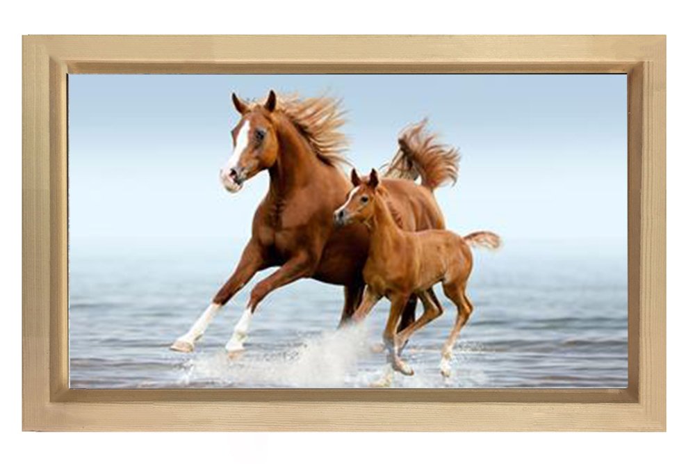 Denizde Koşan At ve Yavrusu Tablosu Naturel Ahşap Çerçeve - 70x100