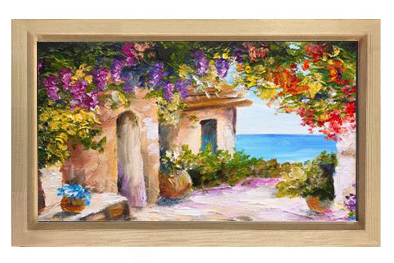 Yağlıboya Taş Ev ve Deniz Manzarası Tablosu Naturel Ahşap - 100x200