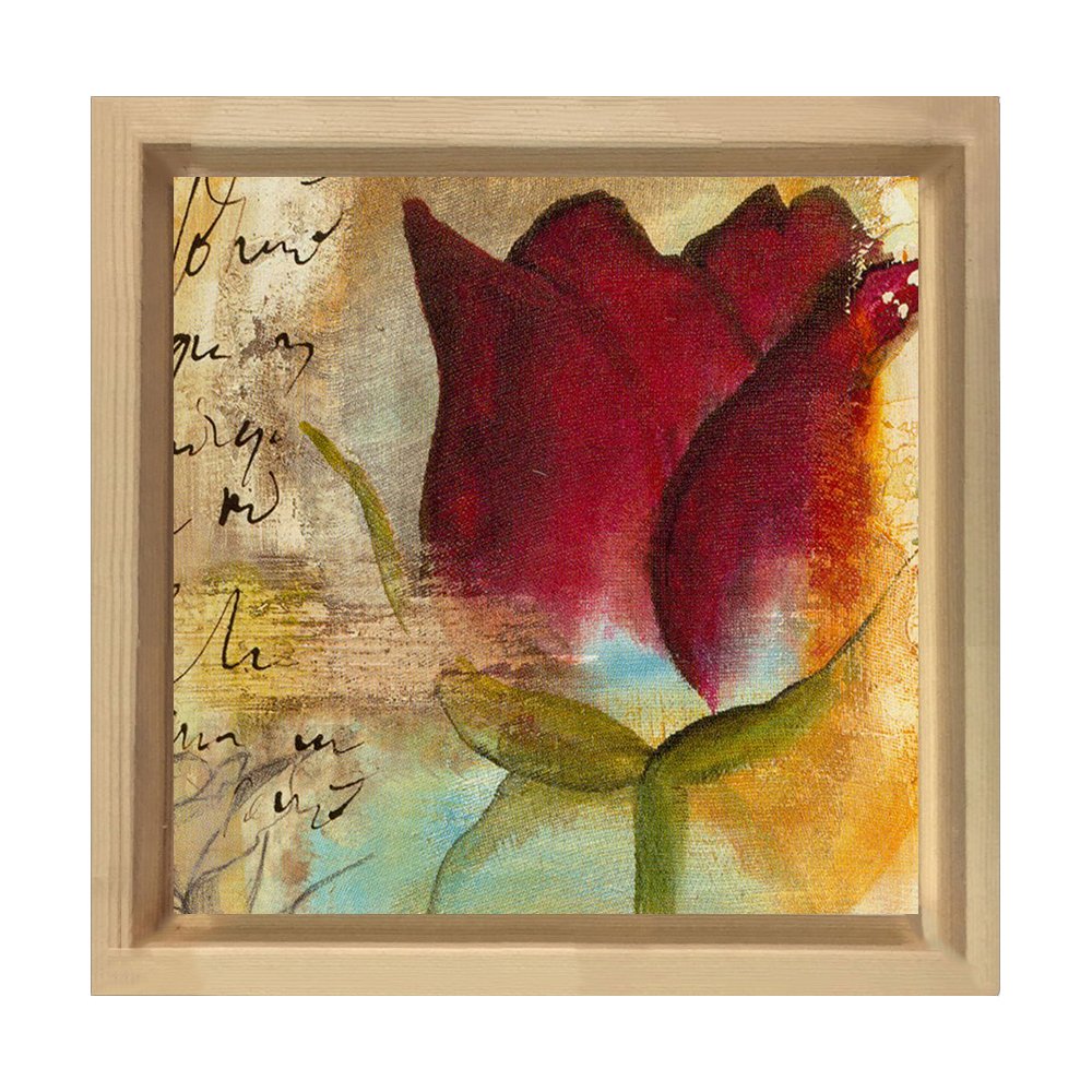Dekoratif Gül Çiçek Tablosu Naturel Ahşap Çerçeve - 50x50