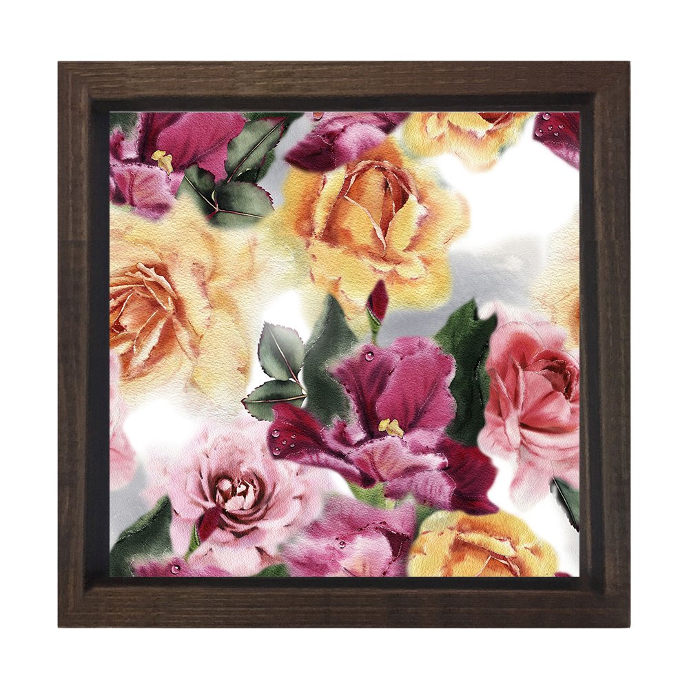 Renkli Güller Tablosu Kahverengi Ahşap Çerçeve - 100x100