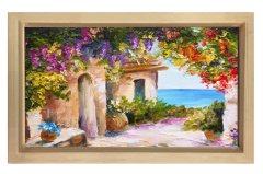 Yağlıboya Taş Ev ve Deniz Manzarası Tablosu Naturel Ahşap - 50x70