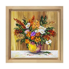 Vazoda Çiçek Natürmort Tablosu Naturel Ahşap Çerçeve - 90x90