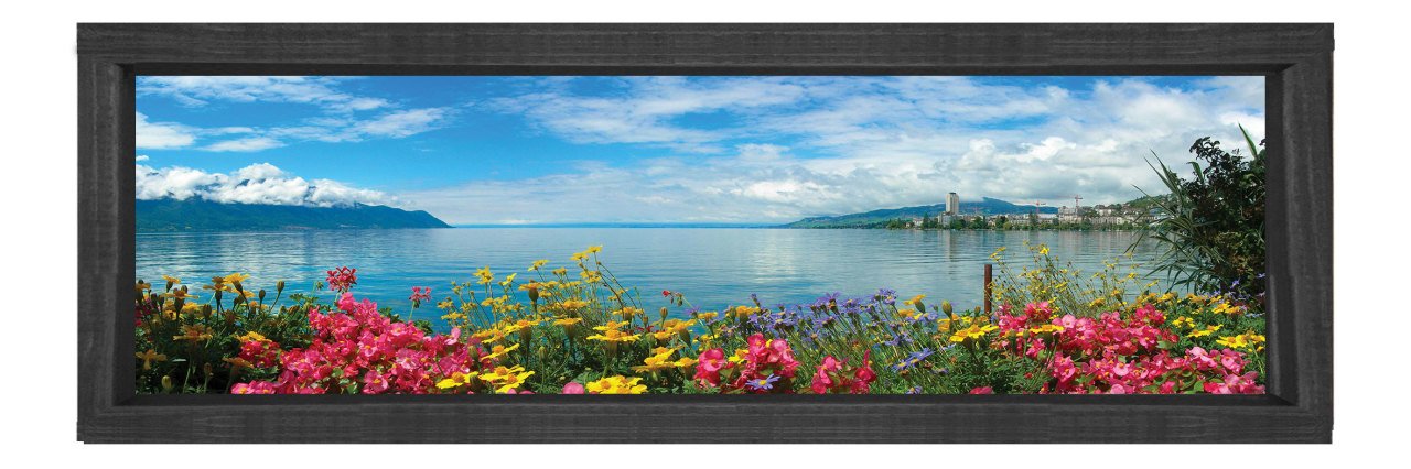 Çiçekli Göl Manzarası Tablosu Siyah Ahşap Çerçeve - 200x70
