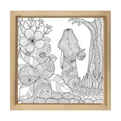 Çiçekler Ve Kız, Boyama Tablo Tablosu Naturel Ahşap Çerçeve - 50x50