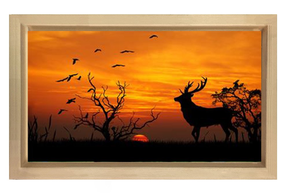 Gün Batımı Geyik Tablosu Naturel Ahşap - 45x30