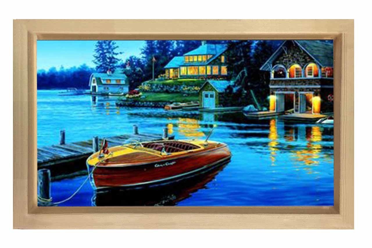 Kayık ve Göl Evi Reprödiksiyon Tablosu Naturel Ahşap Çerçeve - 45x30