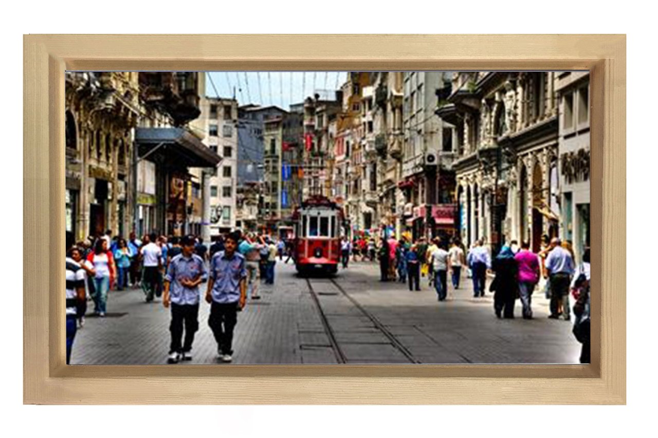 Kırmızı Tramvay ve Taksim Tablosu Naturel Ahşap Çerçeve - 50x70