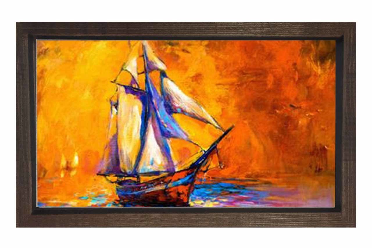 Gemi Yağlıboya Reprödiksiyon Tablosu Kahverengi Ahşap Çerçeve - 100x200