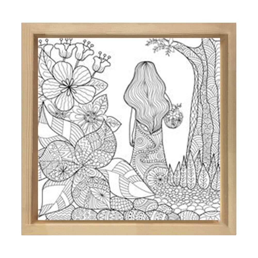 Çiçekler Ve Kız, Boyama Tablo Tablosu Naturel Ahşap Çerçeve - 80x80