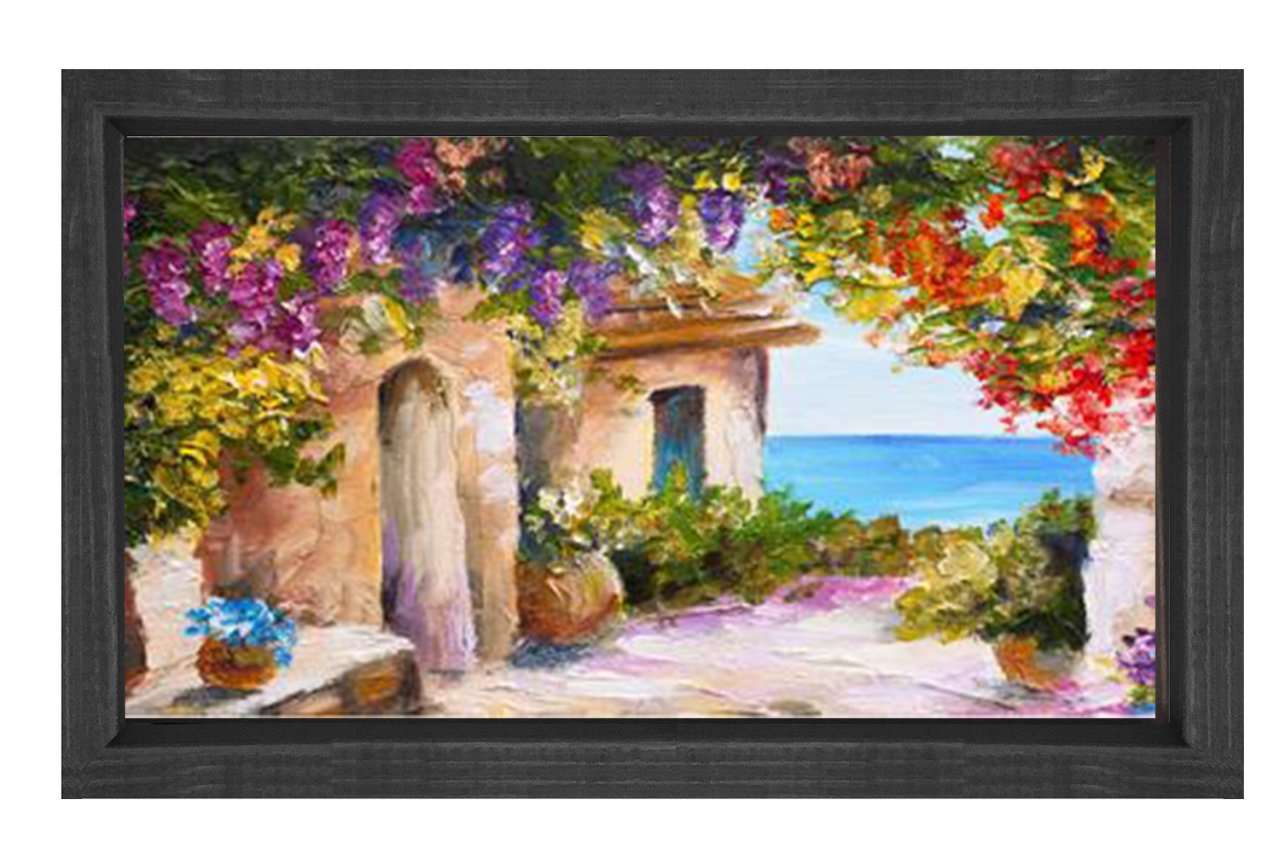 Yağlıboya Taş Ev ve Deniz Manzarası Tablosu Siyah Ahşap - 50x90
