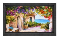 Yağlıboya Taş Ev ve Deniz Manzarası Tablosu Siyah Ahşap - 50x90