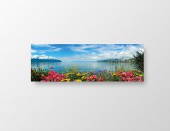 Çiçekli Göl Manzarası Tablosu Çerçevesiz - 200x70