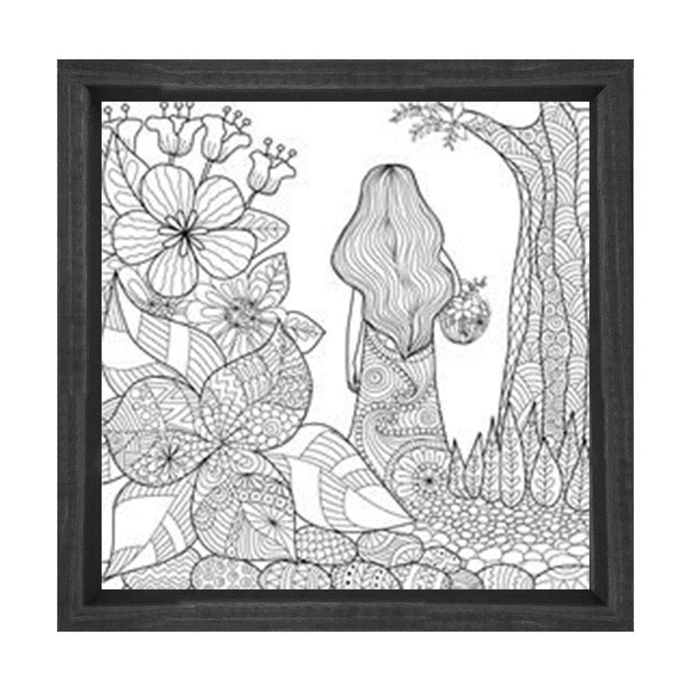 Çiçekler Ve Kız, Boyama Tablo Tablosu Siyah Ahşap Çerçeve - 30x30
