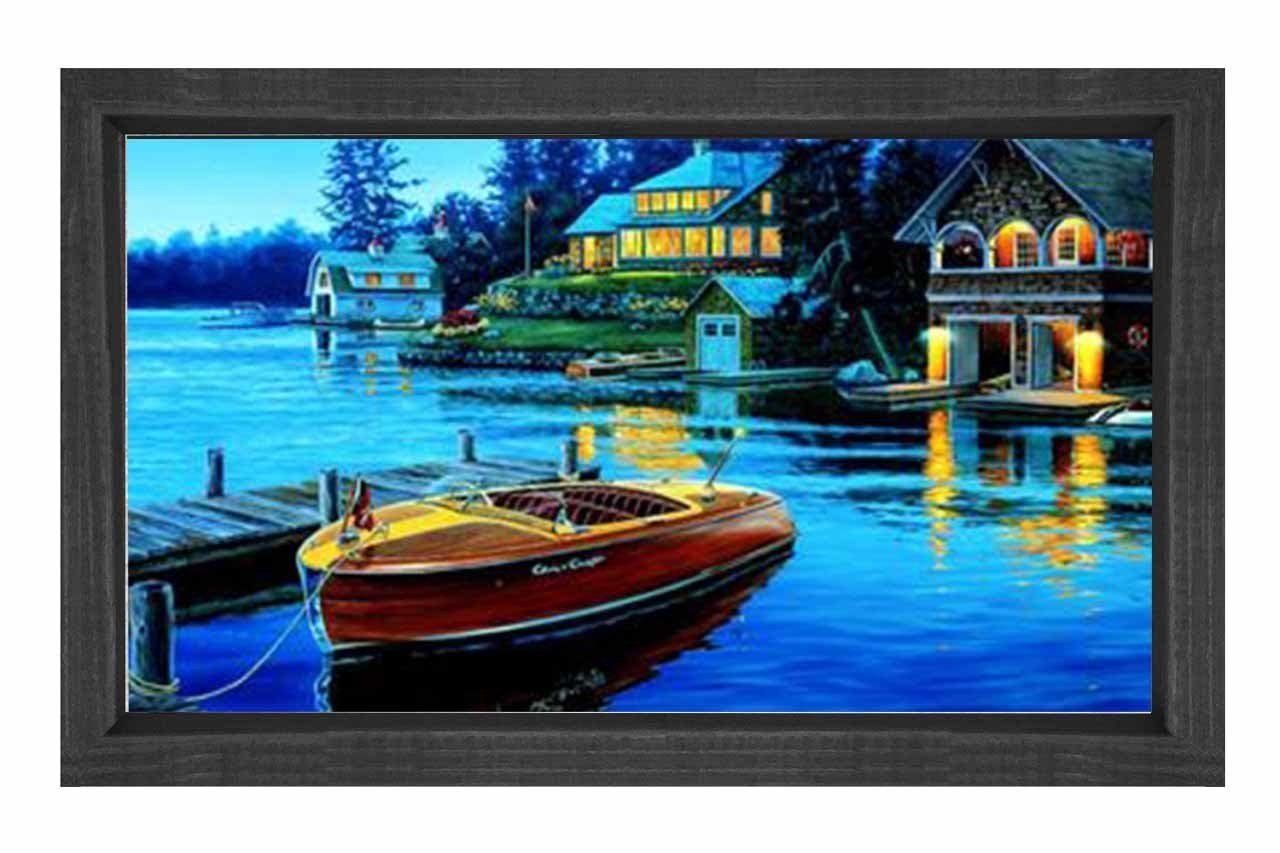 Kayık ve Göl Evi Reprödiksiyon Tablosu Siyah Ahşap Çerçeve - 50x90
