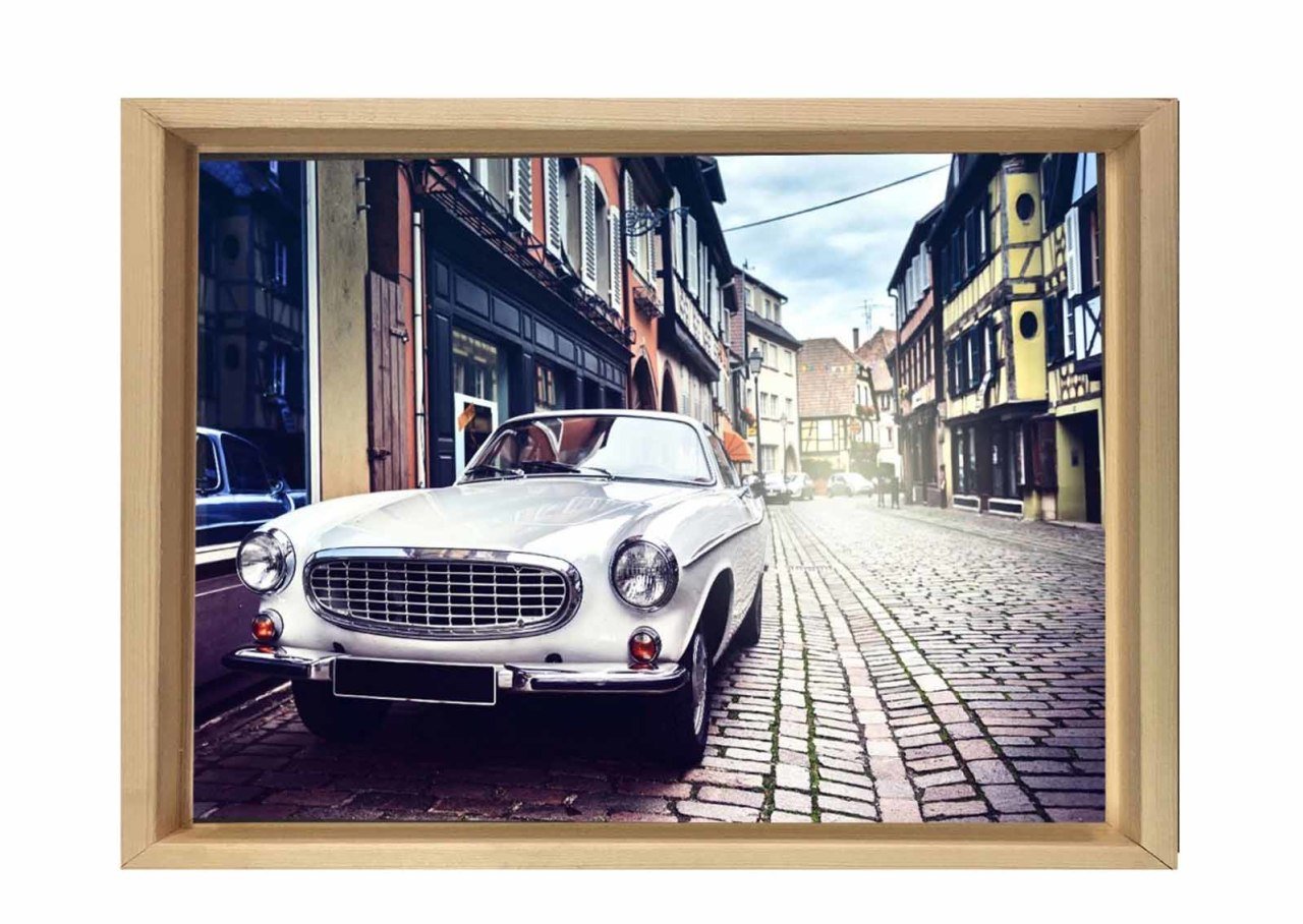 Klasik Araba ve Şehir Tablosu Naturel Ahşap Çerçeve - 100x150