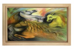 Soyut Atlar Tablosu Naturel Ahşap Çerçeve - 40x60
