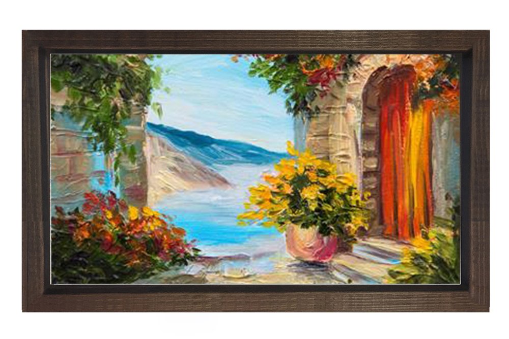 Taş Ev ve Deniz Yağlıboya Tablosu Kahverengi Ahşap - 50x90