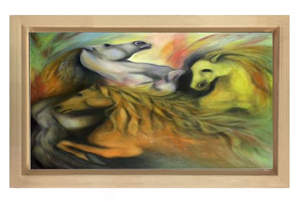 Soyut Atlar Tablosu Naturel Ahşap Çerçeve - 50x70